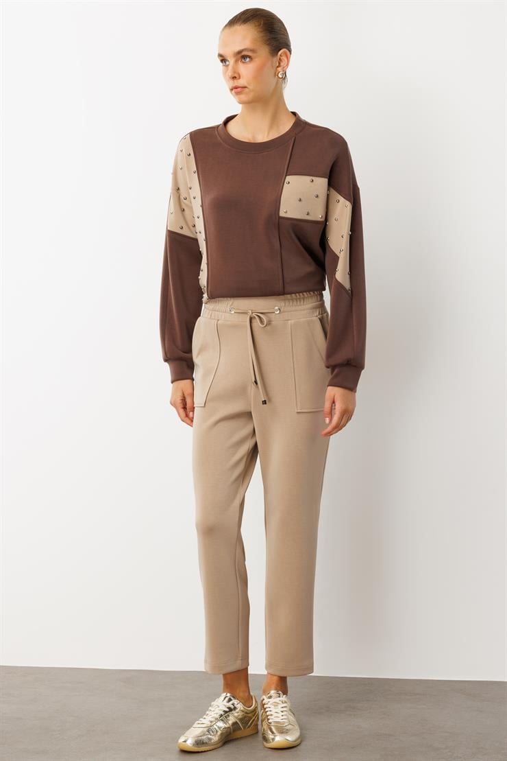 Modailgi  Beli Kalın Lastik Kemerli Tünel Bağcıklı Örme Pantolon - 15062 Vizon