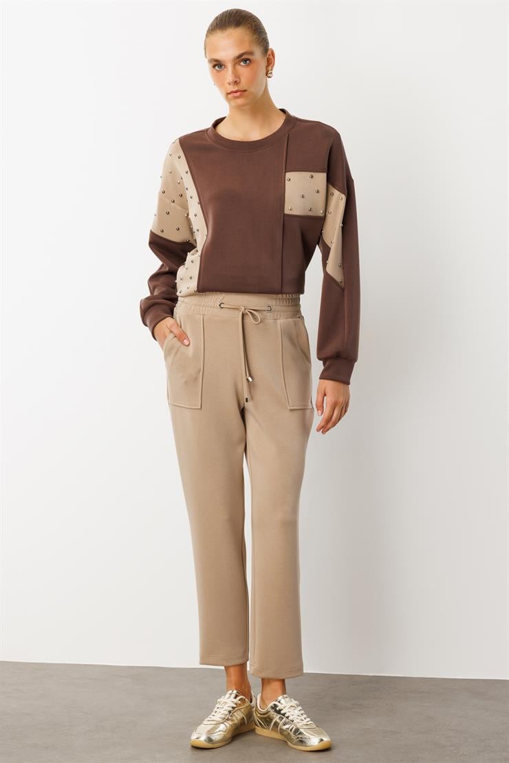 Modailgi  Beli Kalın Lastik Kemerli Tünel Bağcıklı Örme Pantolon - 15062 Vizon