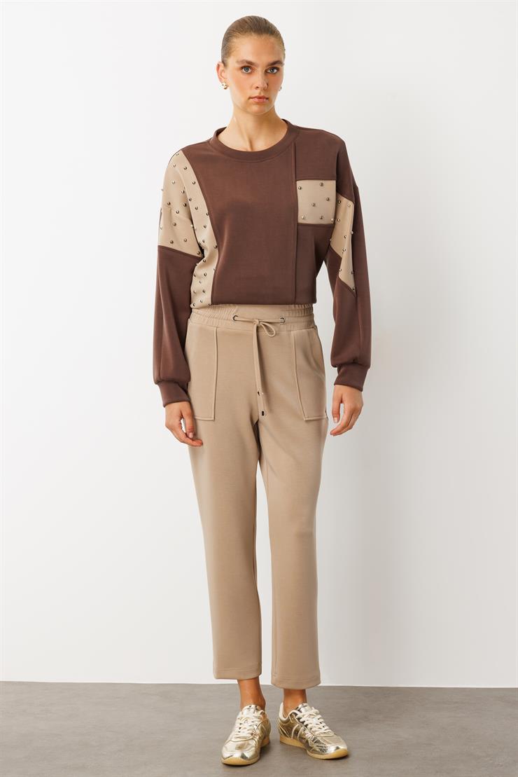 Modailgi  Beli Kalın Lastik Kemerli Tünel Bağcıklı Örme Pantolon - 15062 Vizon