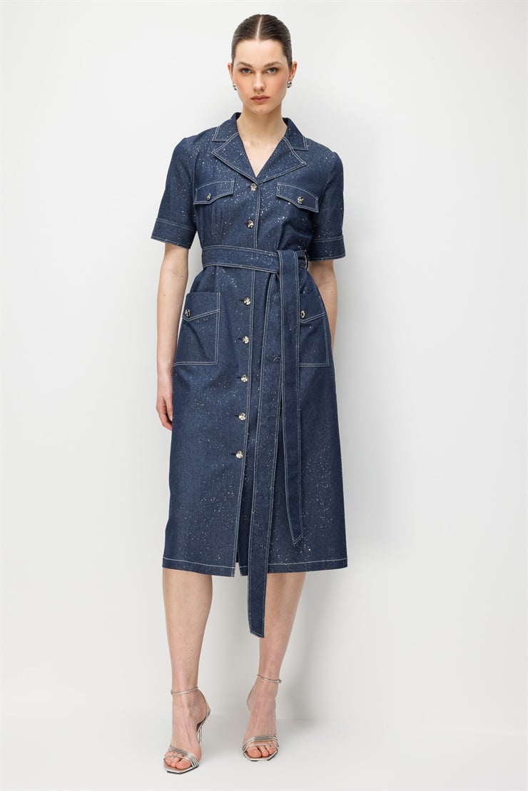 Modailgi  Beli Kemer Kuşaklı Kısa Kol Cep Detaylı Midi Boy Simli Denim Elbise Lacivert