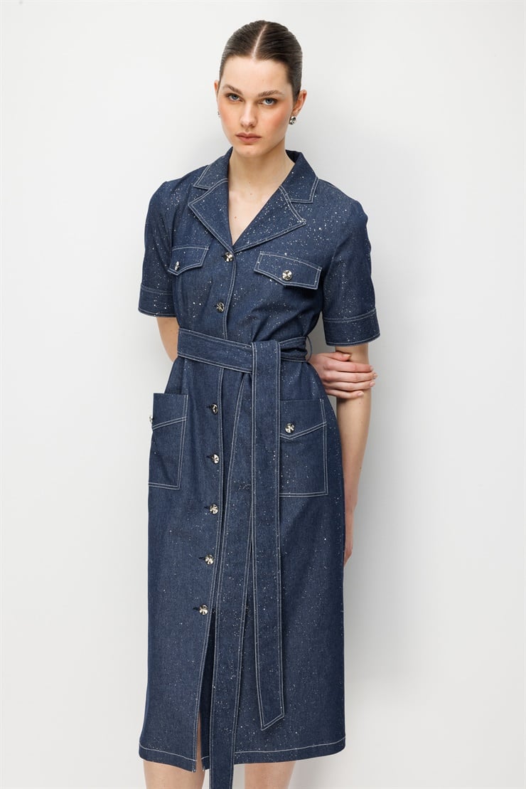 Modailgi  Beli Kemer Kuşaklı Kısa Kol Cep Detaylı Midi Boy Simli Denim Elbise Lacivert