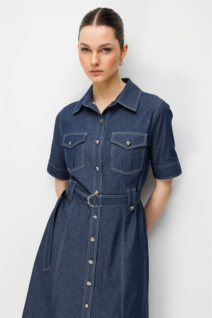 Modailgi  Beli Kemer Kuşaklı Kısa Kol Cep Detaylı Midi Boy Denim Elbise Lacivert