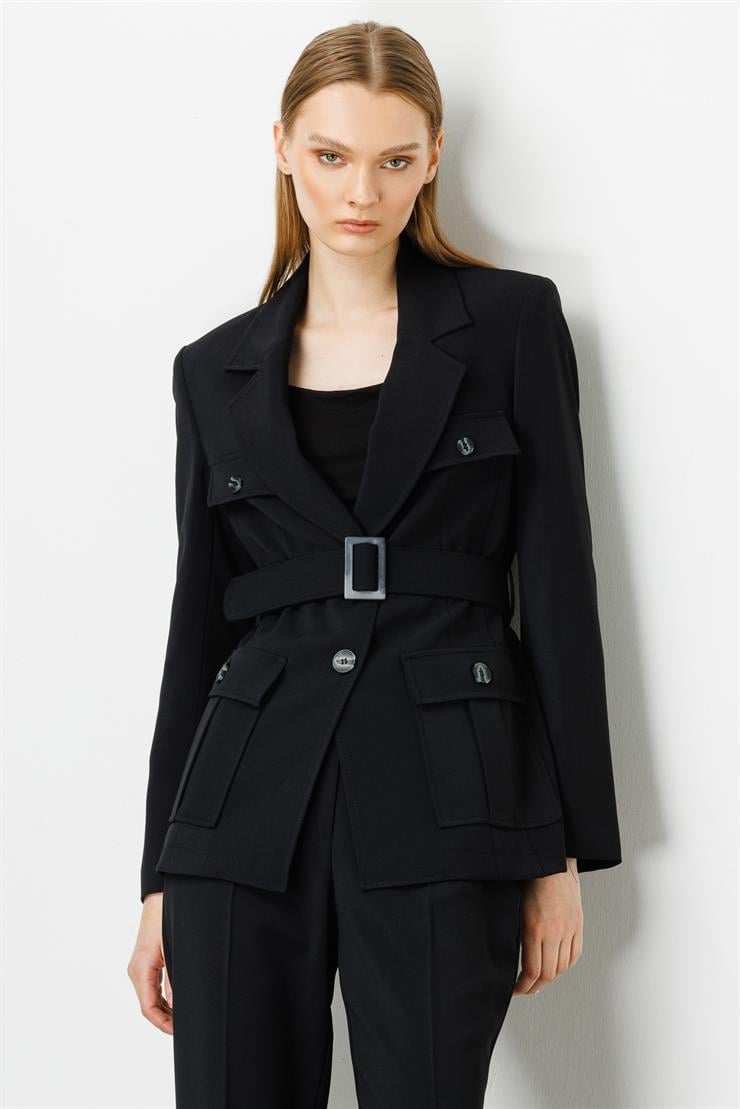 Modailgi  Beli Kemerli Ceket Siyah