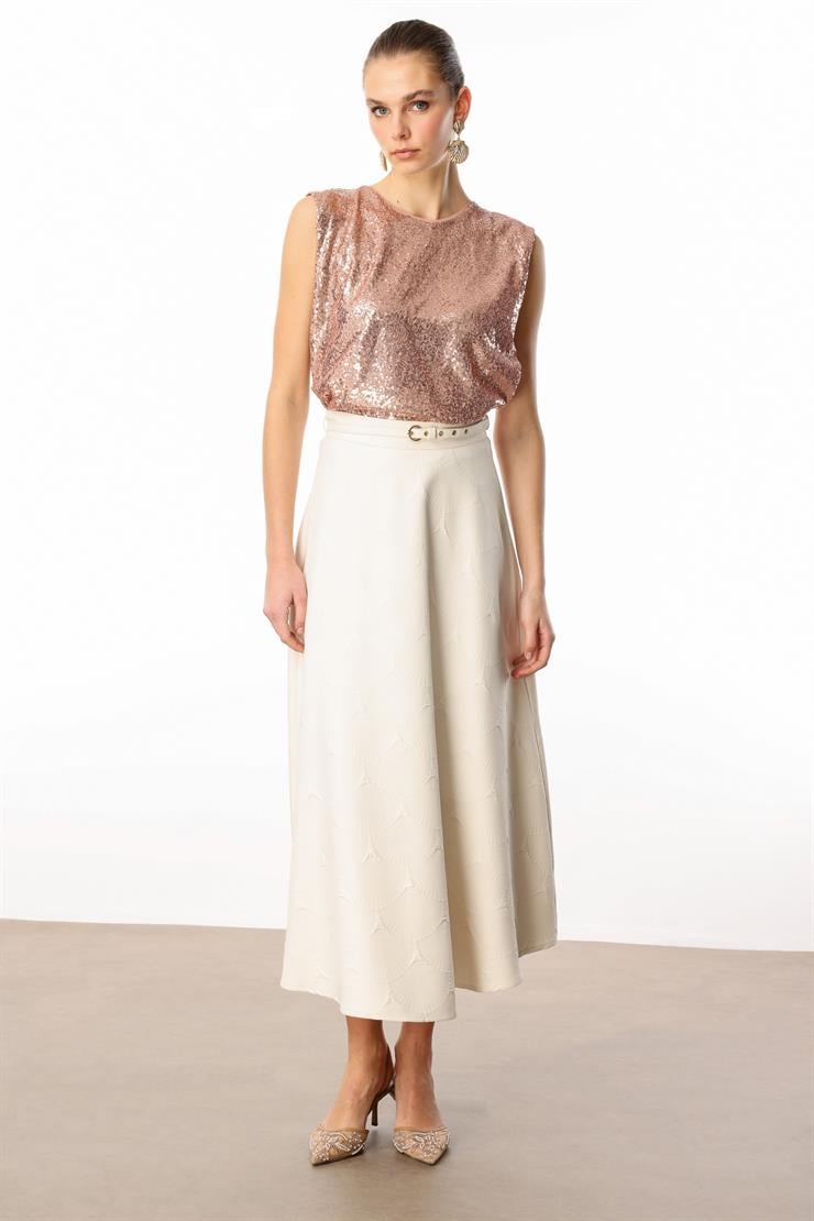 Modailgi  Beli Kemerli Evaze Etek - 75208 Taş