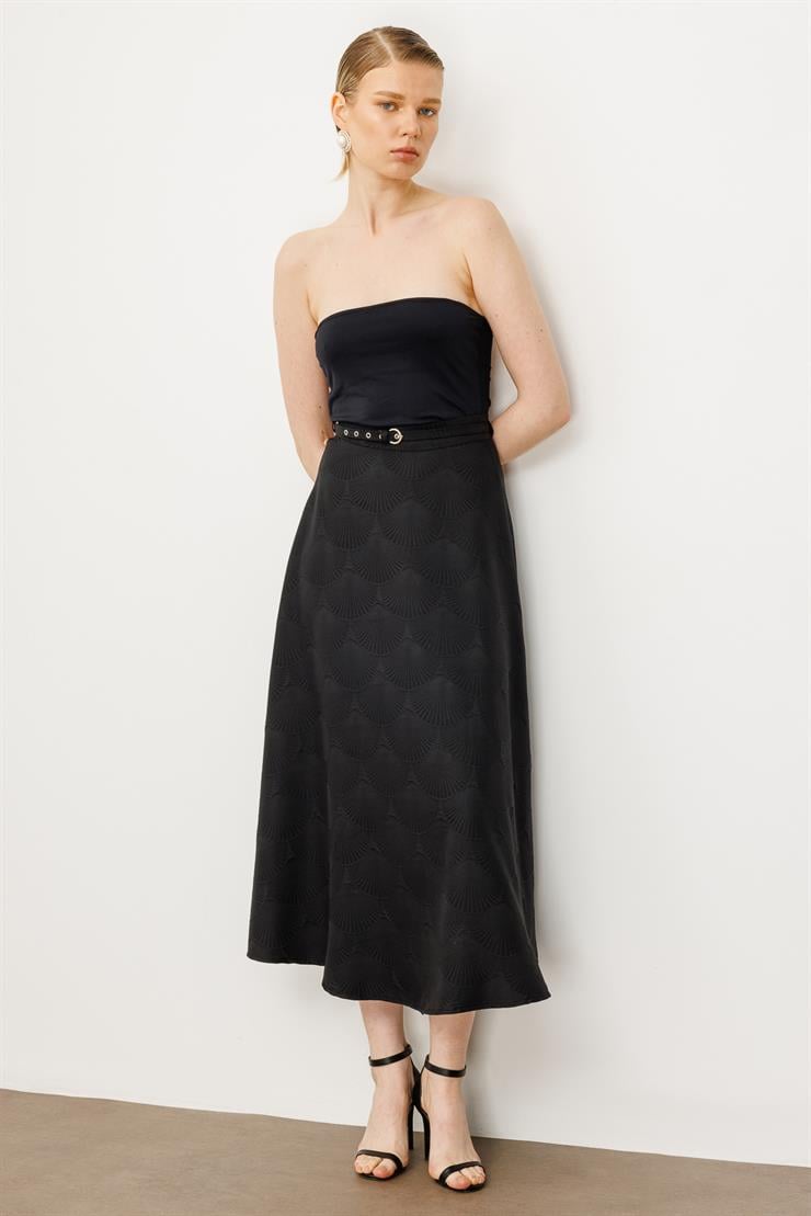 Modailgi  Beli Kemerli Evaze Etek - 75208 Siyah