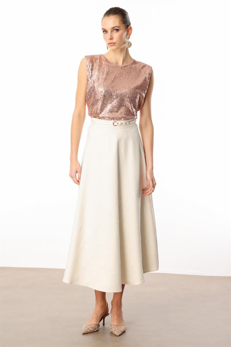 Modailgi  Beli Kemerli Evaze Etek - 75208 Taş