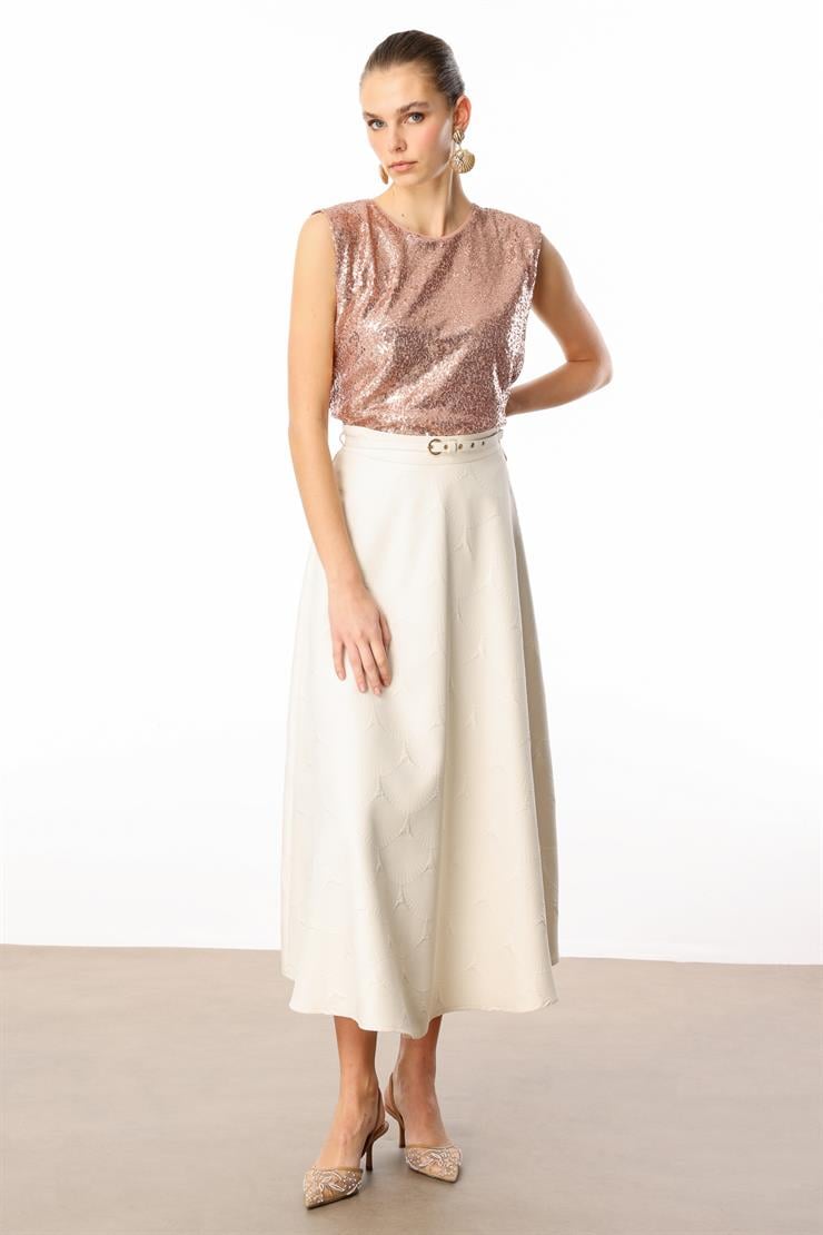 Modailgi  Beli Kemerli Evaze Etek - 75208 Taş