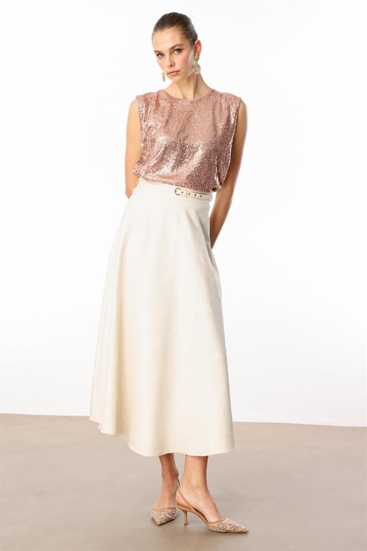 Modailgi  Beli Kemerli Evaze Etek - 75208 Taş