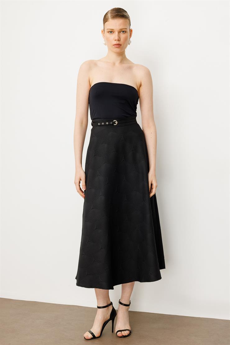 Modailgi  Beli Kemerli Evaze Etek - 75208 Siyah