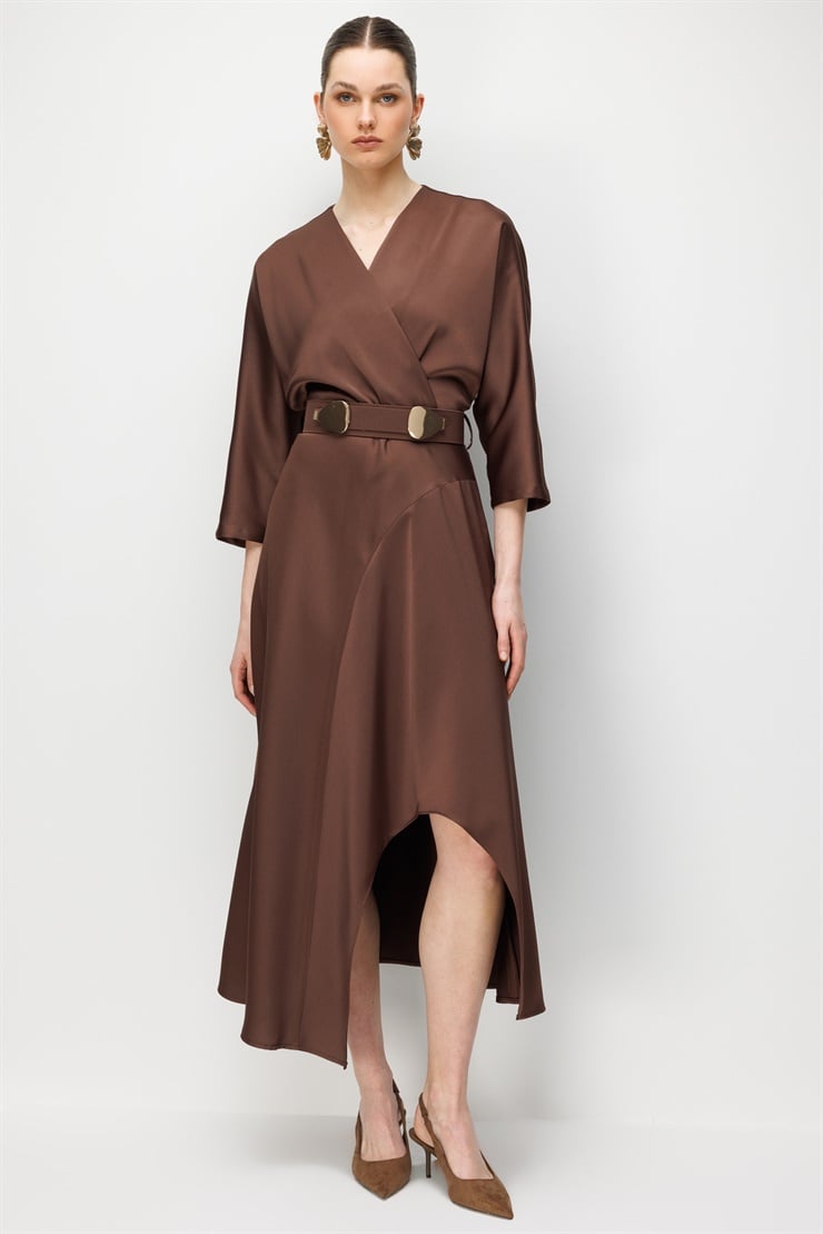 Modailgi  Beli Kemerli Kruvaze Yaka Eteği Asimetrik Elbise Kahve