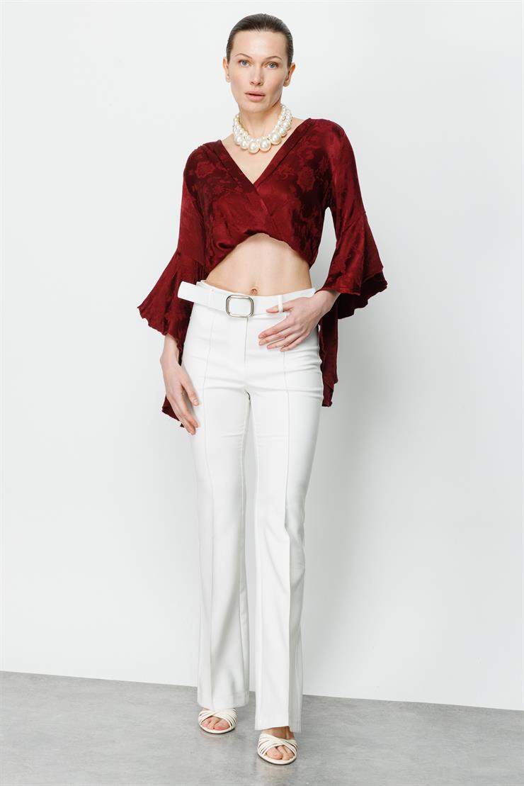 Modailgi  Beli Kemerli Önü Dikişli Pantolon Ekru