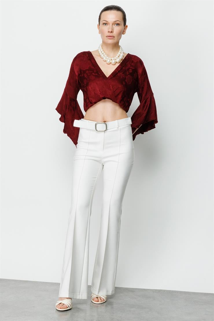 Modailgi  Beli Kemerli Önü Dikişli Pantolon Ekru