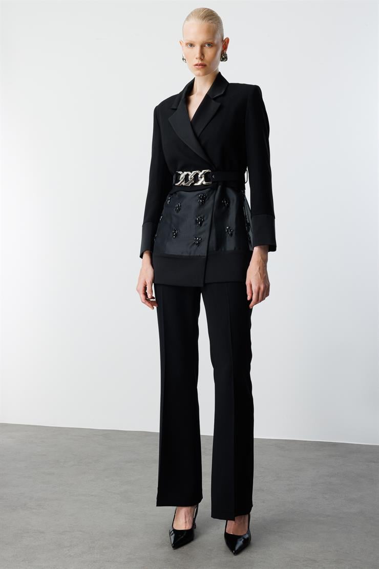 Modailgi  Beli Kemerli Organze Detaylı Kruvaze Ceket - 40111 Siyah