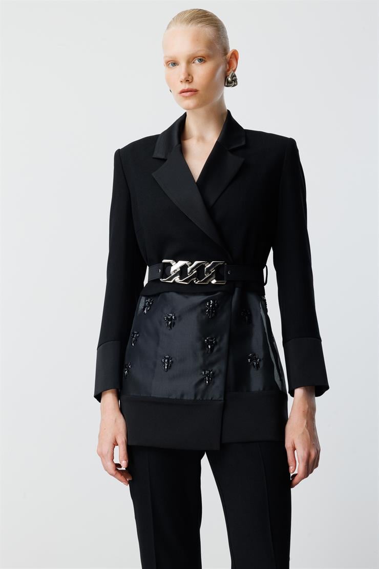 Modailgi  Beli Kemerli Organze Detaylı Kruvaze Ceket - 40111 Siyah