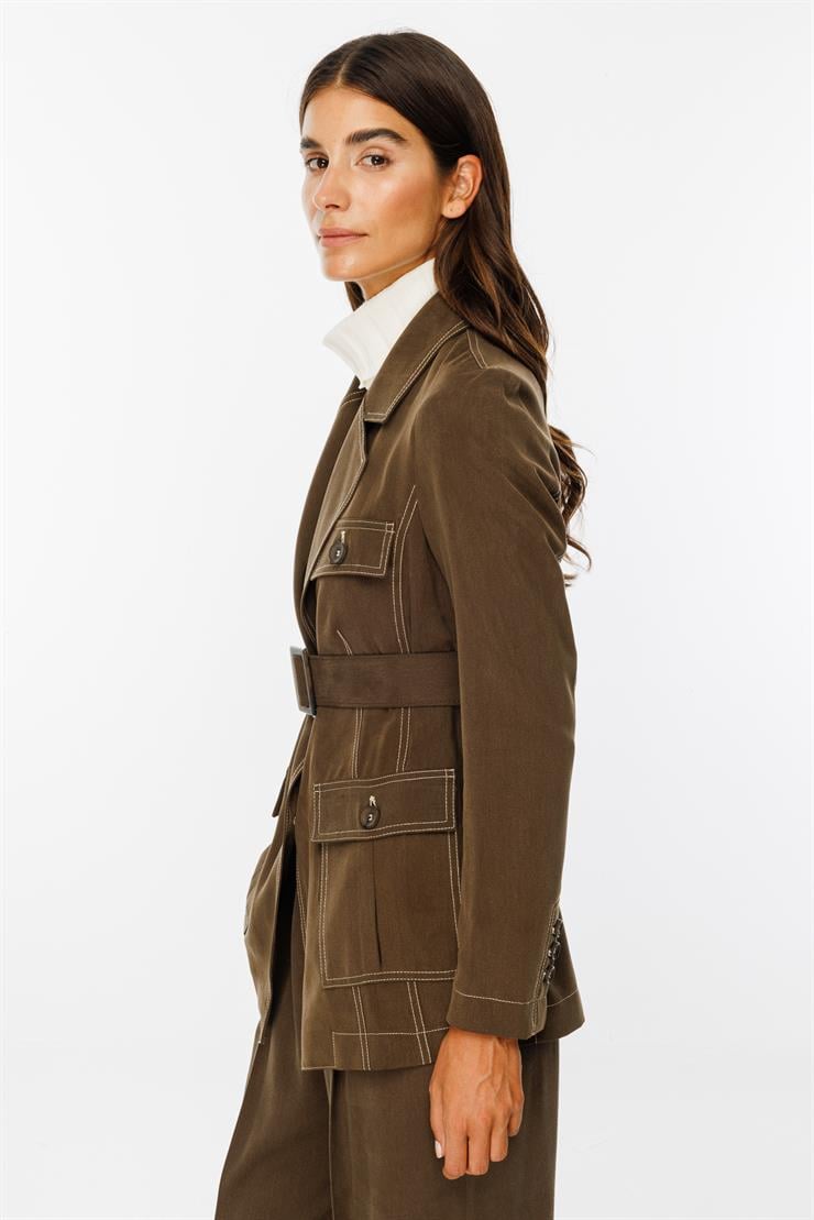 Modailgi  Beli Kemerli Safari Ceket Haki