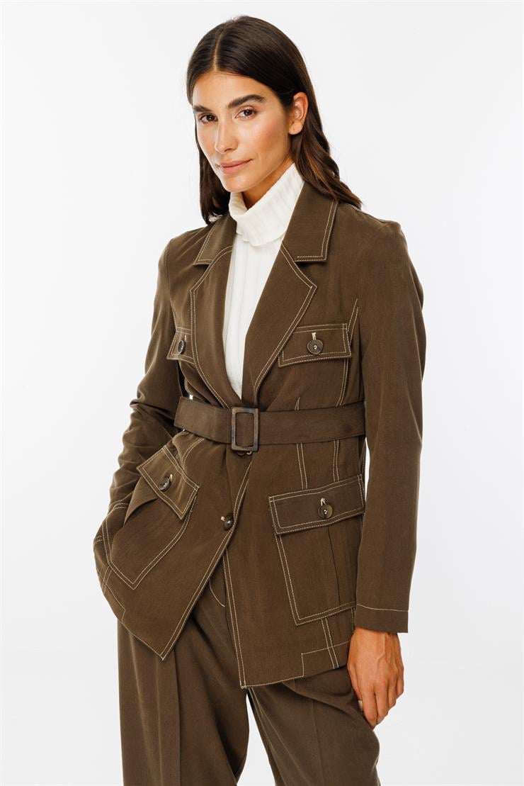 Modailgi  Beli Kemerli Safari Ceket Haki