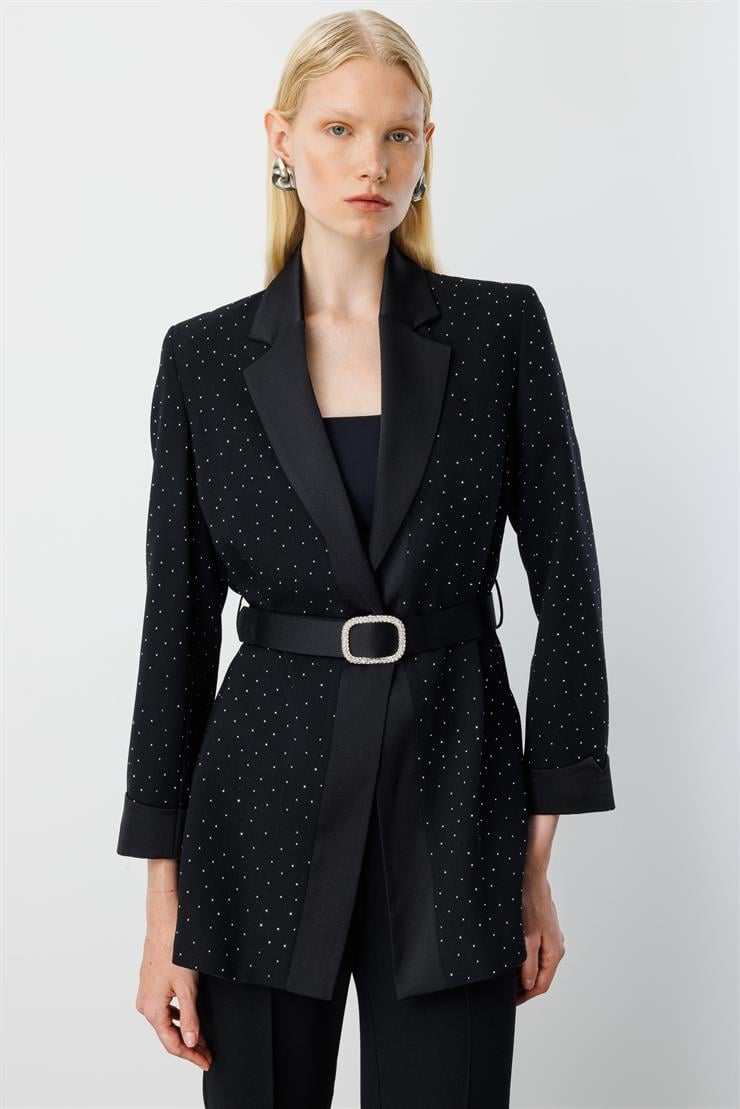 Modailgi  Beli Kemerli Taşlı Ceket - 40060 Siyah