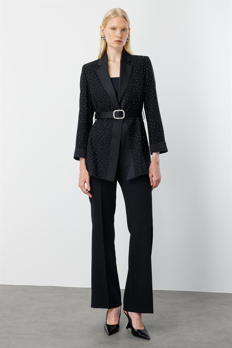 Modailgi  Beli Kemerli Taşlı Ceket - 40060 Siyah