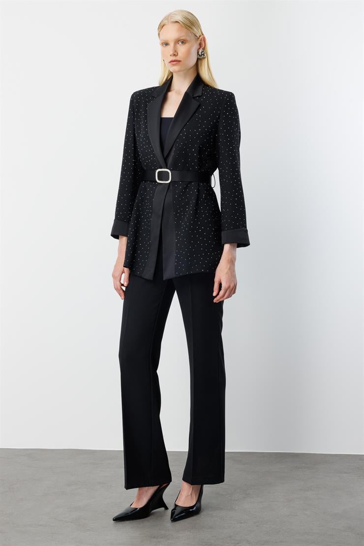 Modailgi  Beli Kemerli Taşlı Ceket - 40060 Siyah