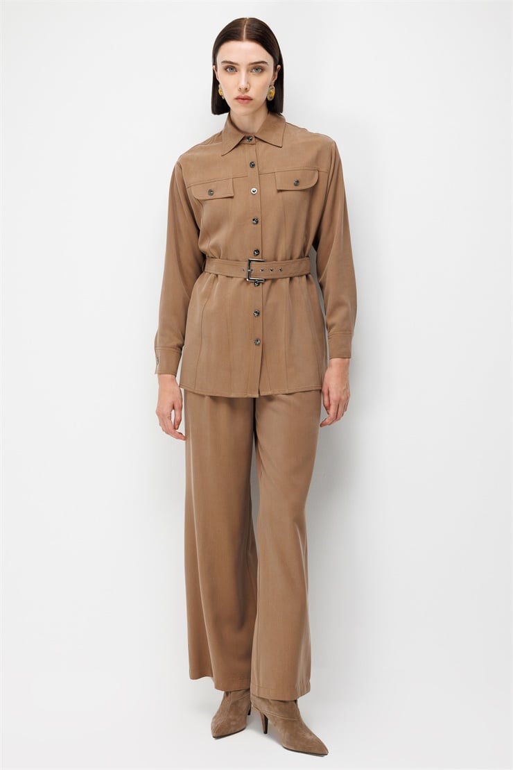 Modailgi  Beli Kuşak Kemerli Düğme Kapama Tunik - 40186 Camel