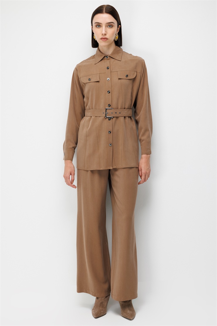 Modailgi  Beli Kuşak Kemerli Düğme Kapama Tunik - 40186 Camel
