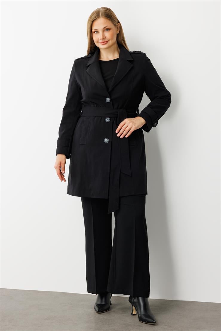 Modailgi  Beli Kuşaklı Omuzları Apoletli Trençkot Siyah