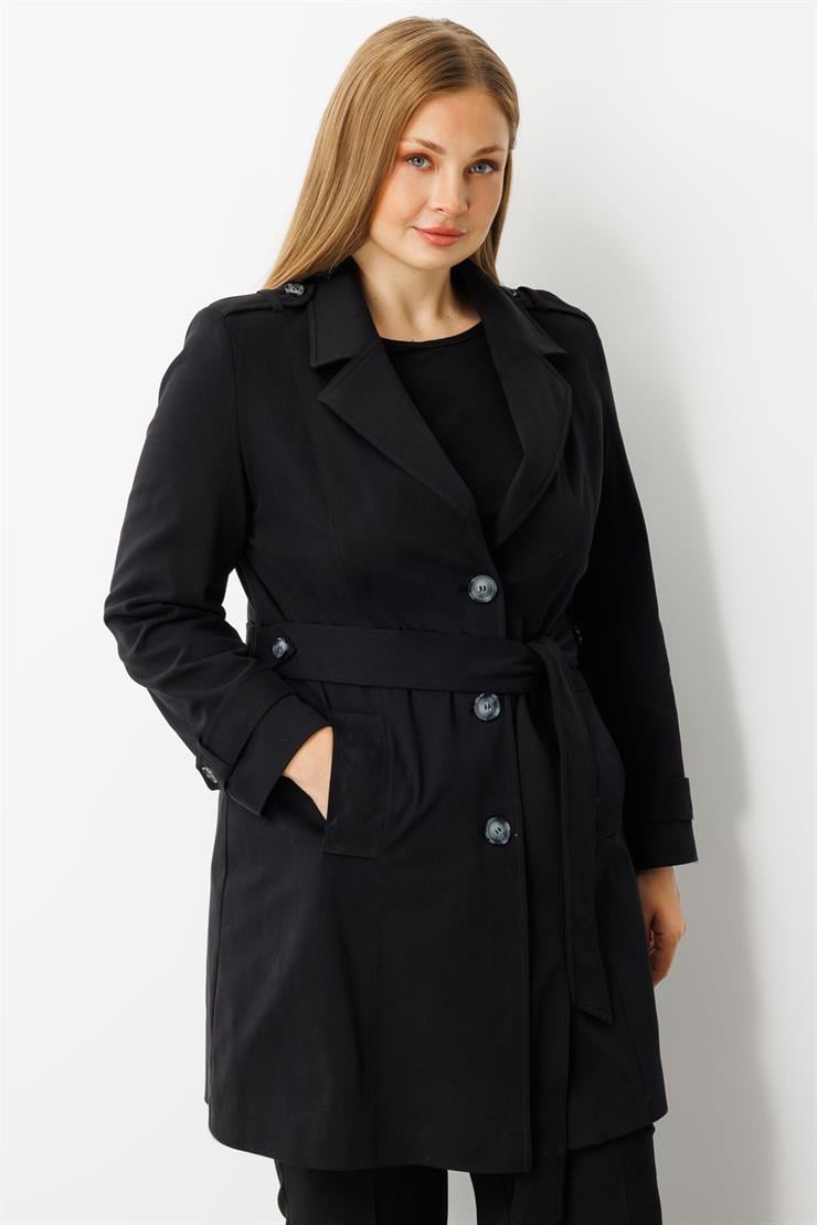 Modailgi  Beli Kuşaklı Omuzları Apoletli Trençkot Siyah