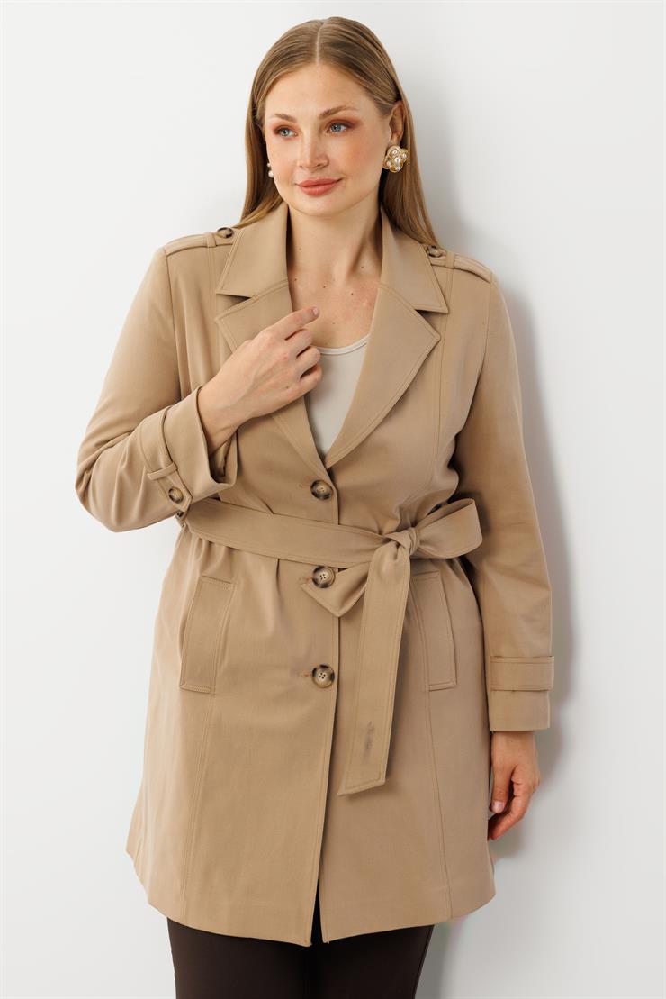Modailgi  Beli Kuşaklı Omuzları Apoletli Trençkot Camel