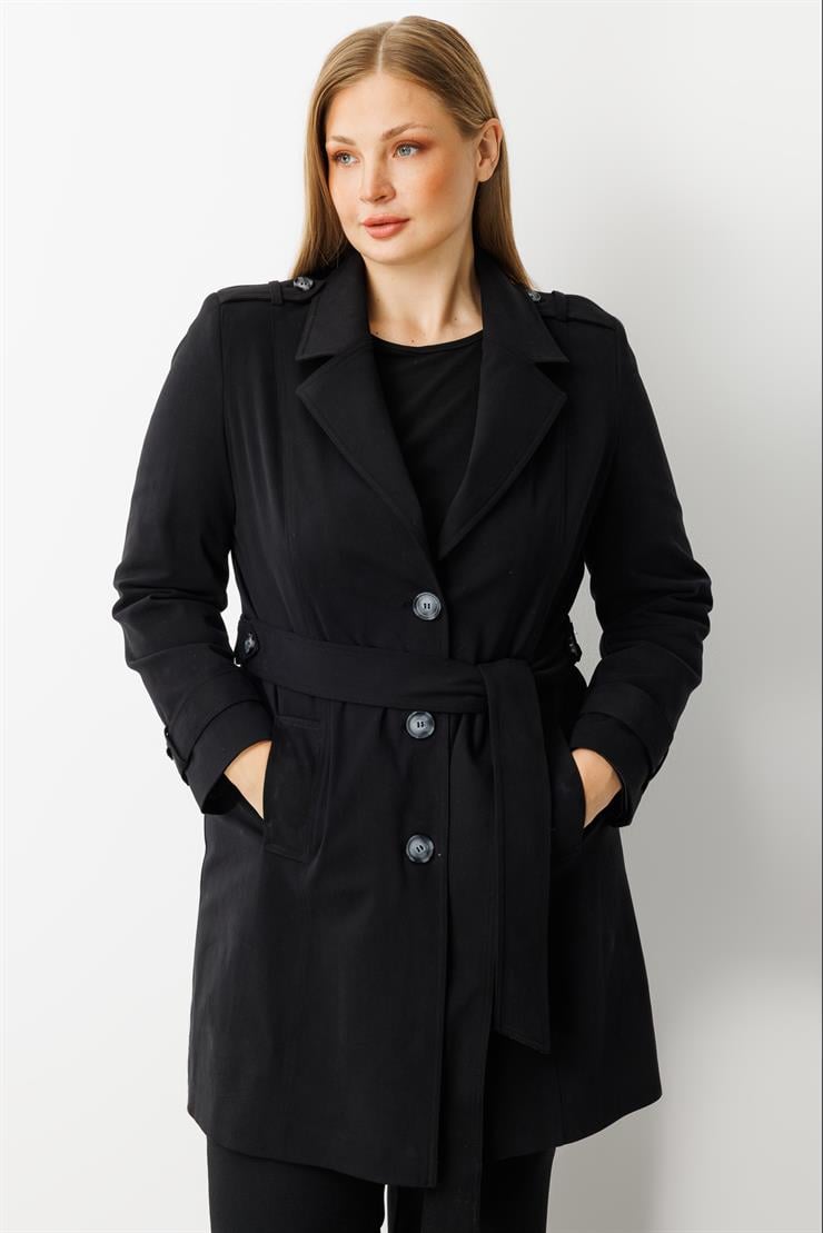 Modailgi  Beli Kuşaklı Omuzları Apoletli Trençkot Siyah