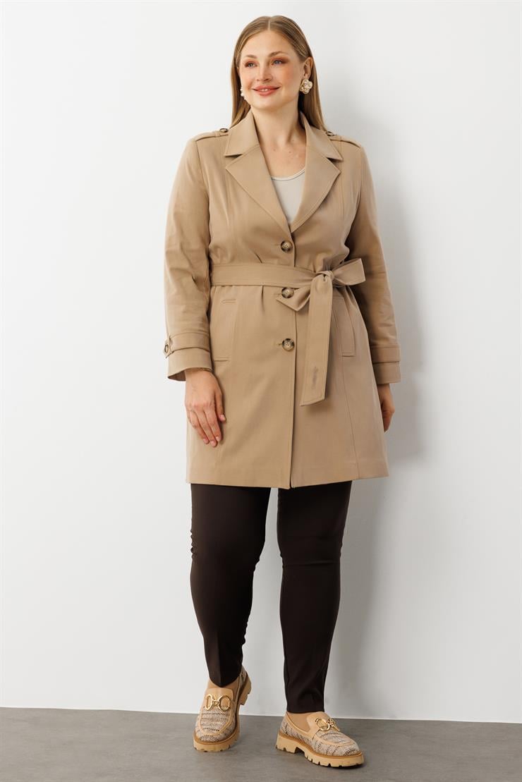 Modailgi  Beli Kuşaklı Omuzları Apoletli Trençkot Camel