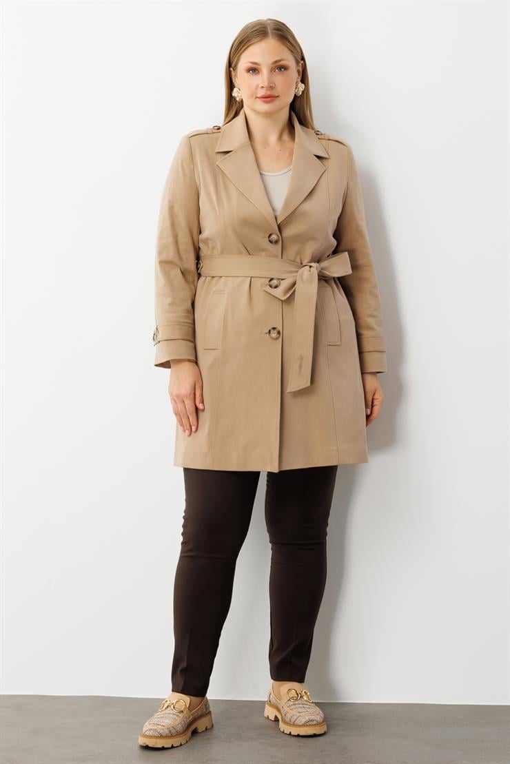 Modailgi  Beli Kuşaklı Omuzları Apoletli Trençkot Camel