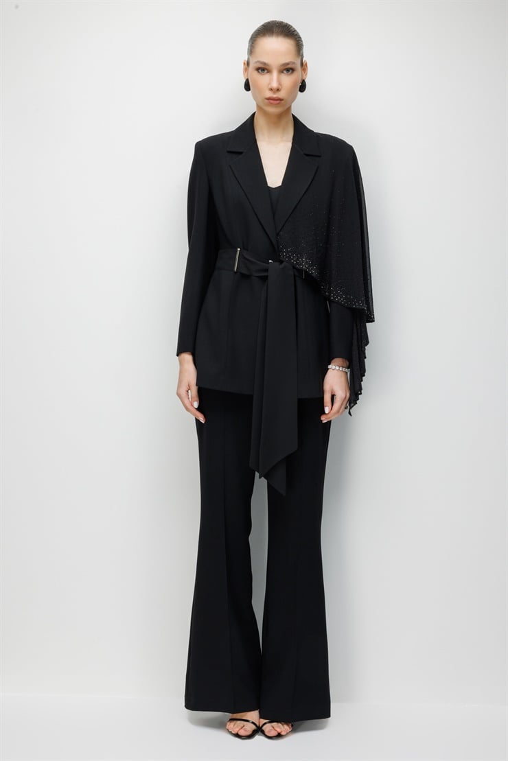 Modailgi  Beli Kuşaklı Tek Omuz Taş Detaylı Şifon Kollu Ceket - 45013 Siyah