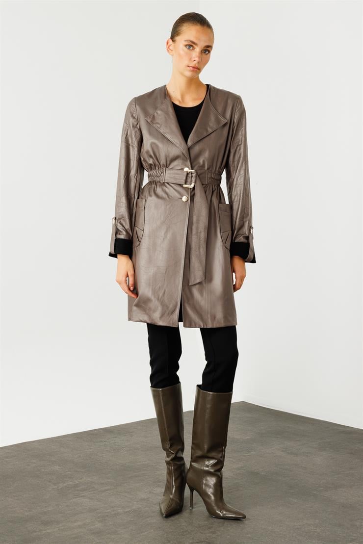 Modailgi  Beli Lastik ve Kuşak Detaylı Torba Cepli Şal Yaka Trenç Gri