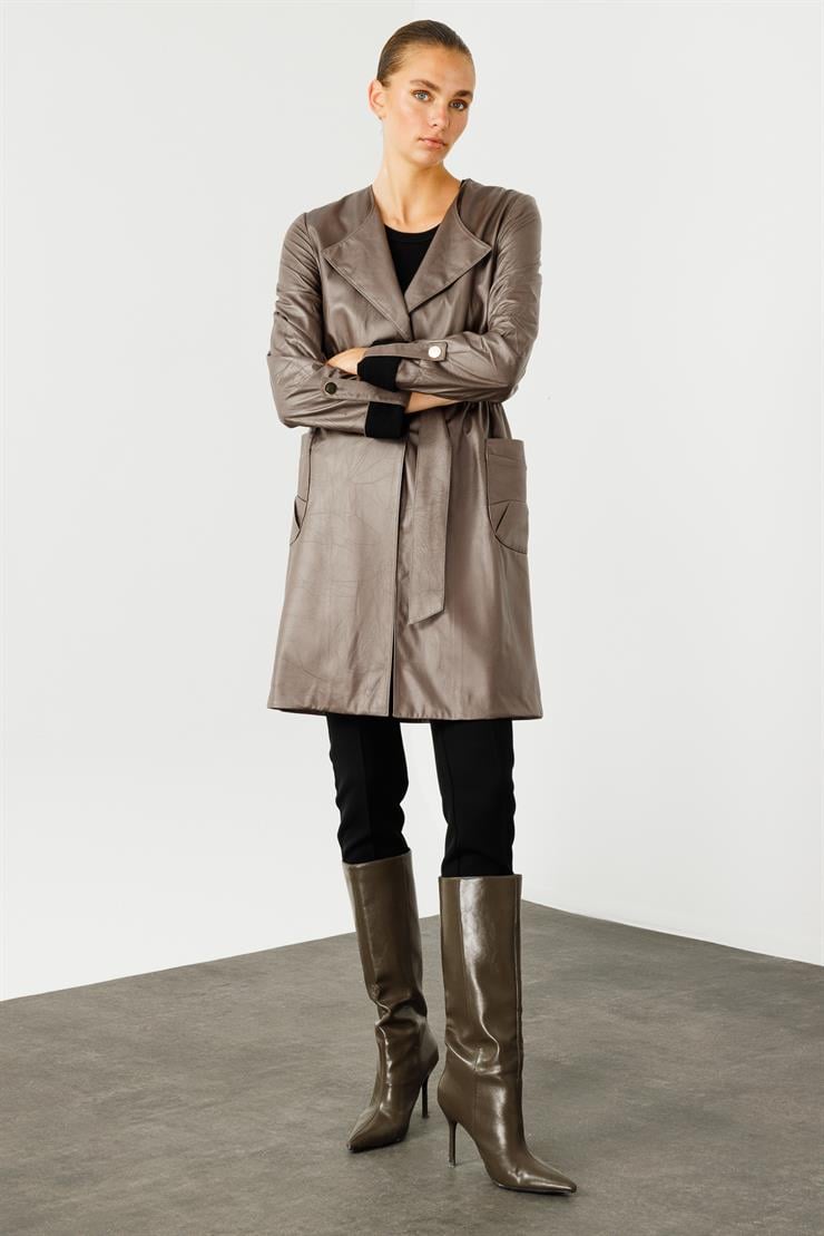 Modailgi  Beli Lastik ve Kuşak Detaylı Torba Cepli Şal Yaka Trenç Gri