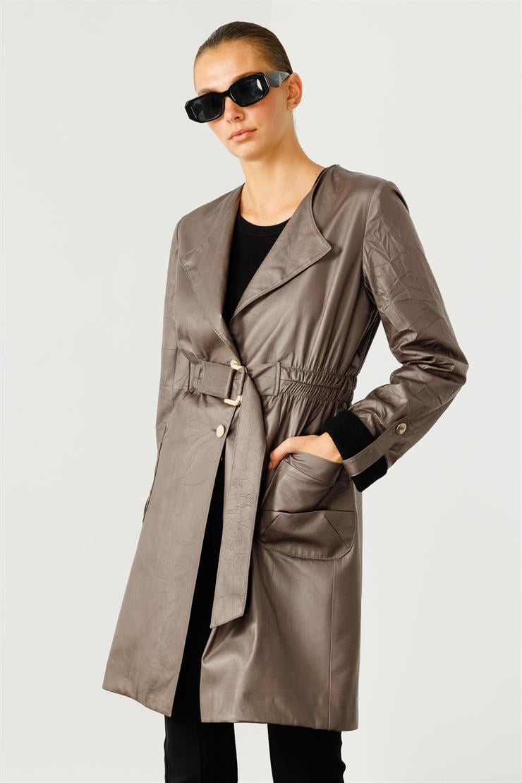 Modailgi  Beli Lastik ve Kuşak Detaylı Torba Cepli Şal Yaka Trenç Gri