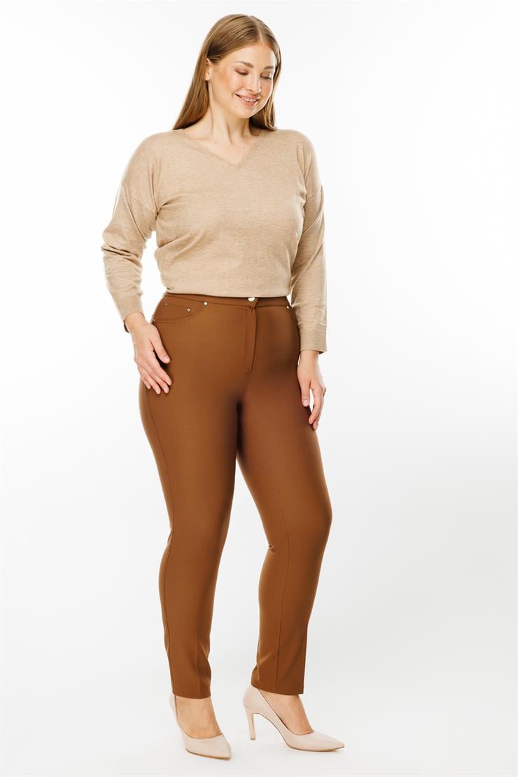 Modailgi  Bel Kemeri Lastikli Beş Cep Dar Paça Pantolon Taba