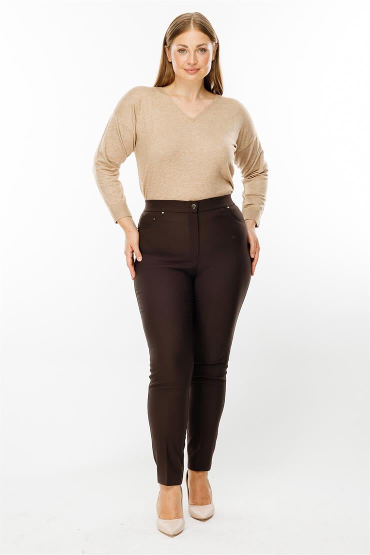 Modailgi  Beli Lastikli Beş Cep Dar Paça Pantolon Kahve