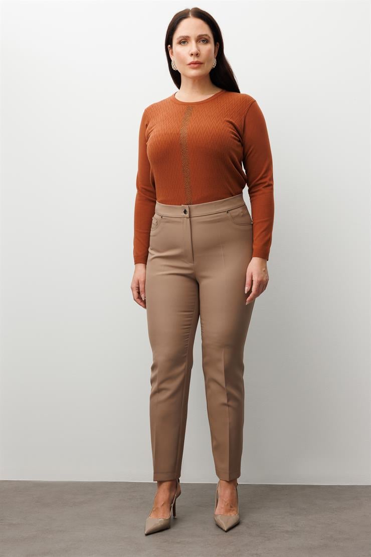 Modailgi  Beli Lastikli Beş Cep Dar Paça Pantolon Vizon