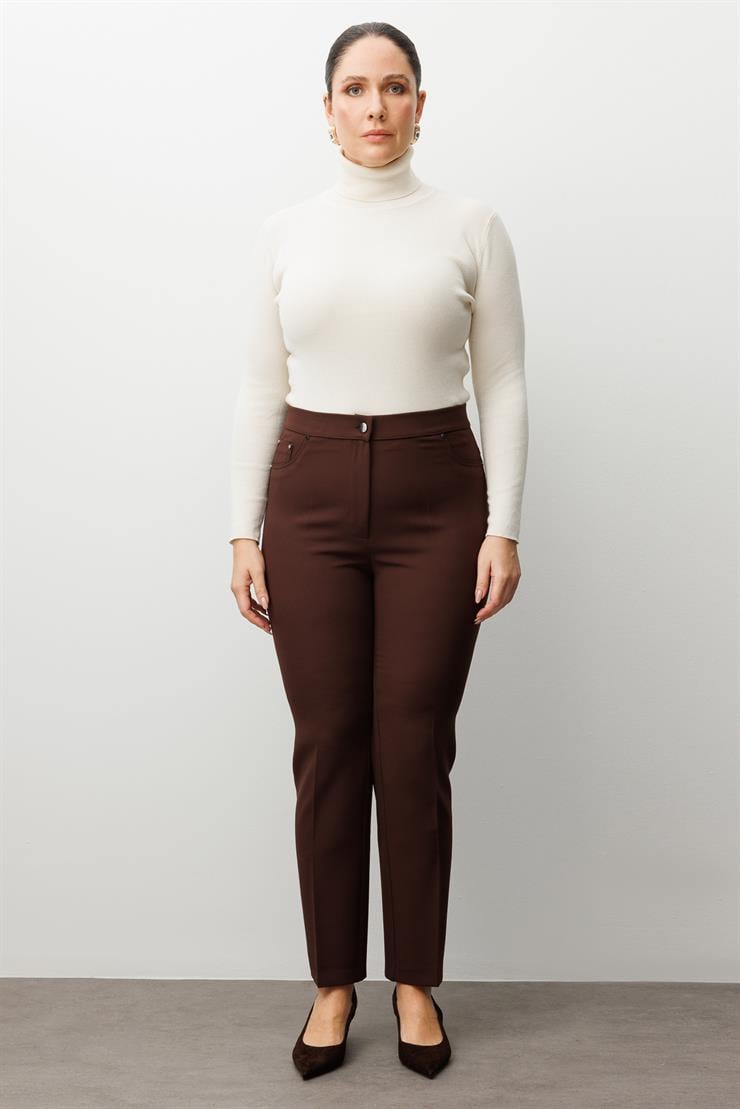 Modailgi  Beli Lastikli Beş Cep Dar Paça Pantolon Kahve