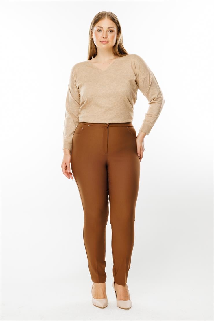 Modailgi  Bel Kemeri Lastikli Beş Cep Dar Paça Pantolon Taba