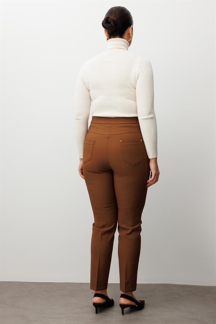 Modailgi  Beli Lastikli Beş Cep Dar Paça Pantolon Taba