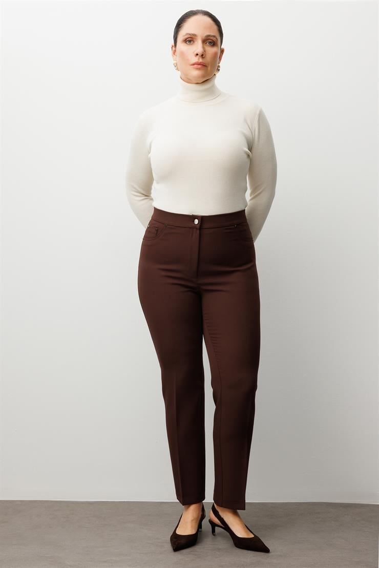 Modailgi  Beli Lastikli Beş Cep Dar Paça Pantolon Kahve