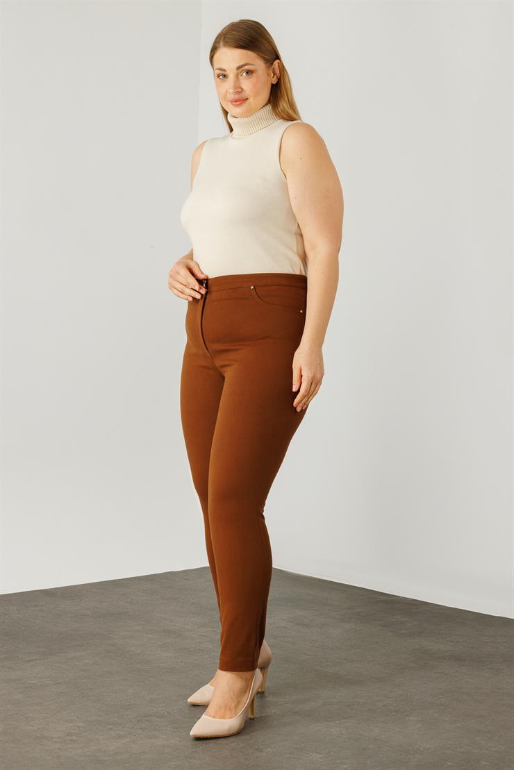 Modailgi  Beli Lastikli Beş Cep Kanvas Pantolon Taba