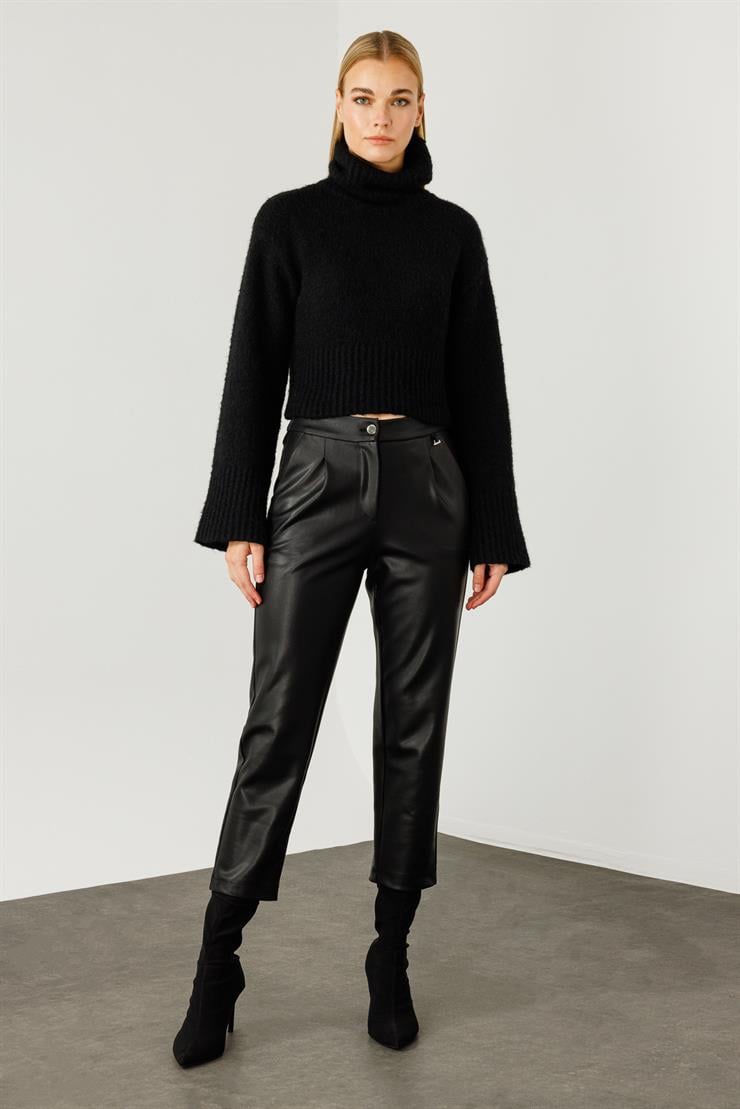 Modailgi  Beli Lastikli Deri Pantolon Siyah