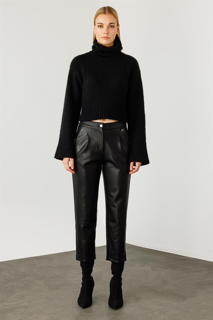 Modailgi  Beli Lastikli Deri Pantolon Siyah