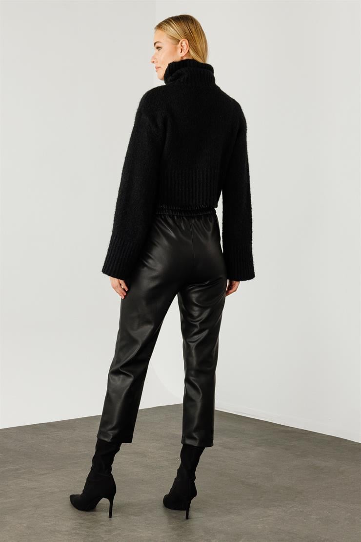 Modailgi  Beli Lastikli Deri Pantolon Siyah