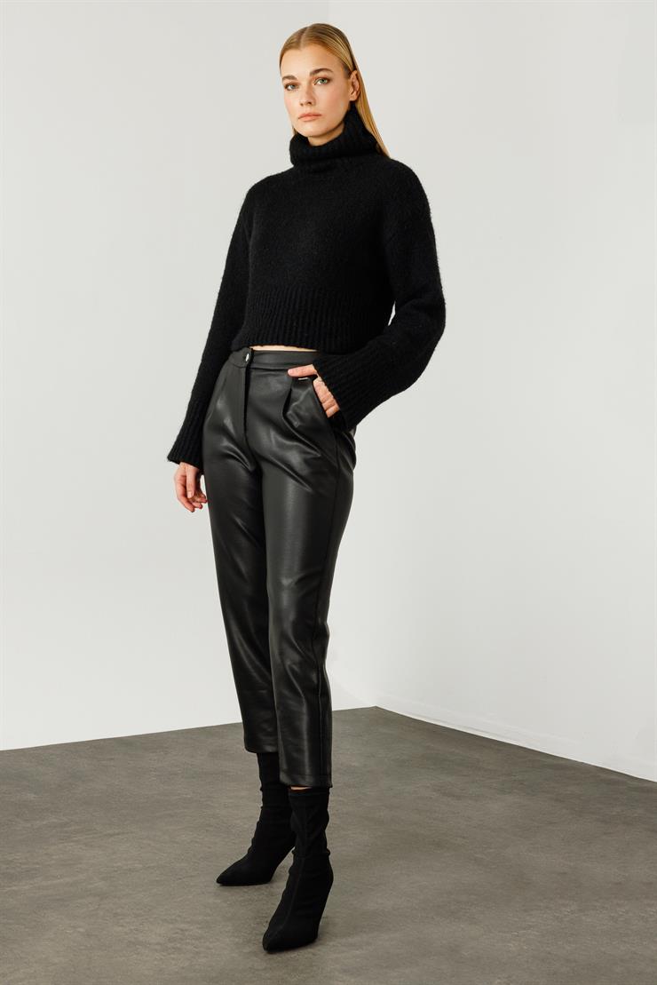 Modailgi  Beli Lastikli Deri Pantolon Siyah