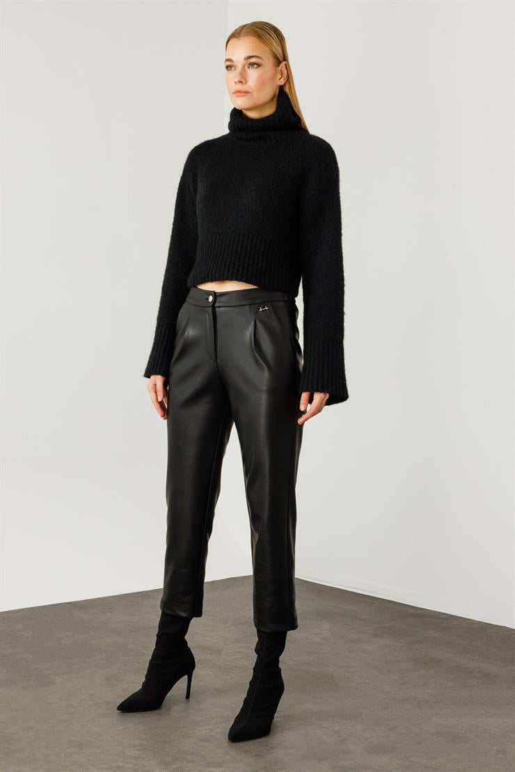 Modailgi  Beli Lastikli Deri Pantolon Siyah