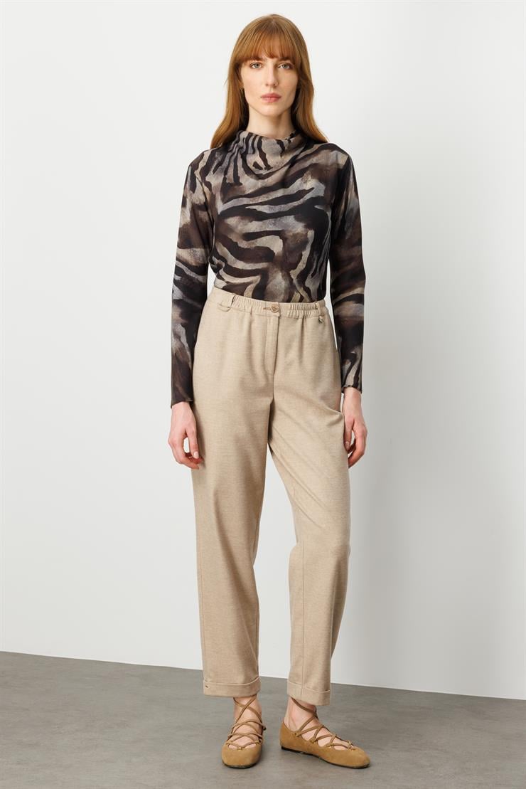 Modailgi  Beli Lastikli Duble Paça Yüksek Bel Havuç Paça Pantolon  - 70047 Vizon