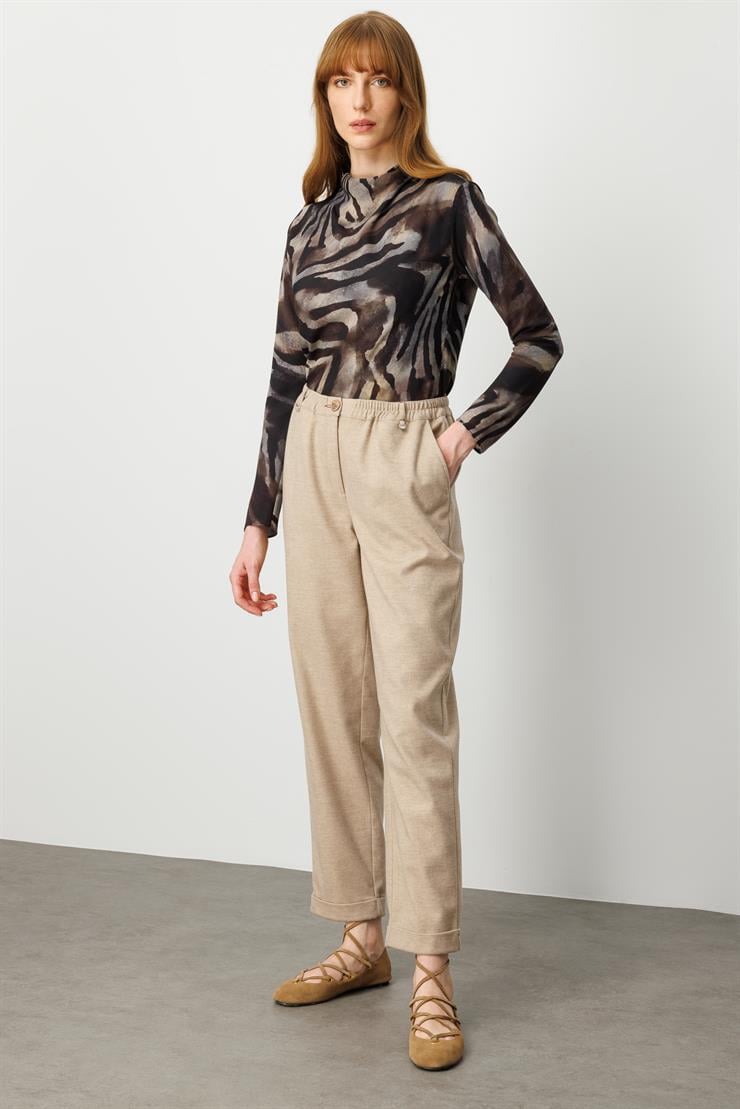 Modailgi  Beli Lastikli Duble Paça Yüksek Bel Havuç Paça Pantolon  - 70047 Vizon